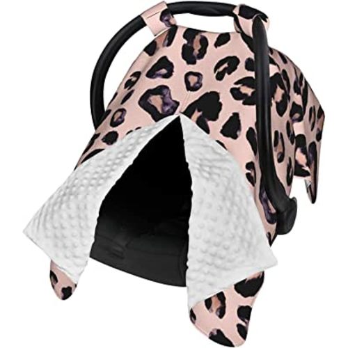 9CH Car Seat Canopy for Babies, Peekaboo Opening Minky Car seat Cover for Baby Mom Nursing Breastfeeding Covers, Minky Blanket for Infant Toddler (Pink Leopard)