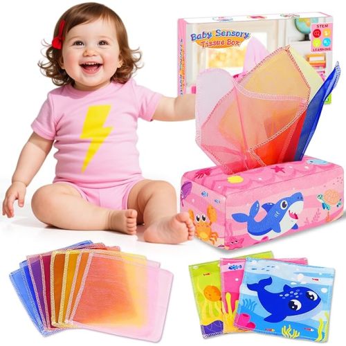 Baby Tissue Box Toy - Baby Girl Toys Montessori Toys for Babies 6-12 Months - Soft Stuffed High Contrast Crinkle Infant Sensory Toy 6 7 8 9 10 11 12 Months Old Gifts Pink