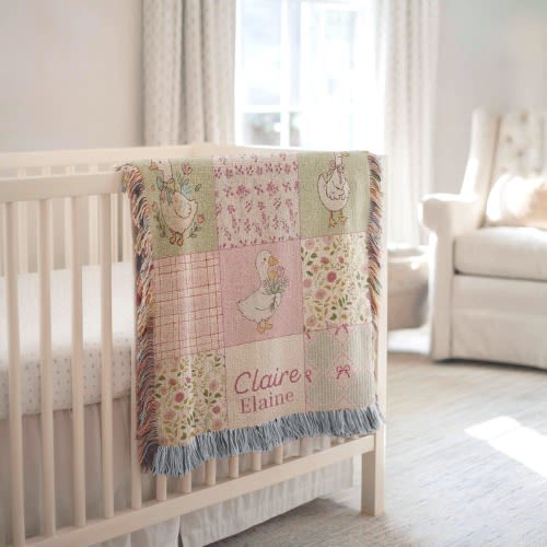 Personalized Baby Girl Woven Blanket, Floral Goose, Coquette Nursery Decor