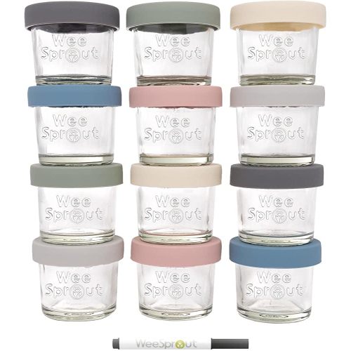 WeeSprout Glass Baby Food Containers - Set of 12, 4 oz Storage Containers, Leakproof and Airtight Silicone Lids, Freezer Safe Baby Food Jars, Measurement Markings, Microwave and Dishwasher Safe