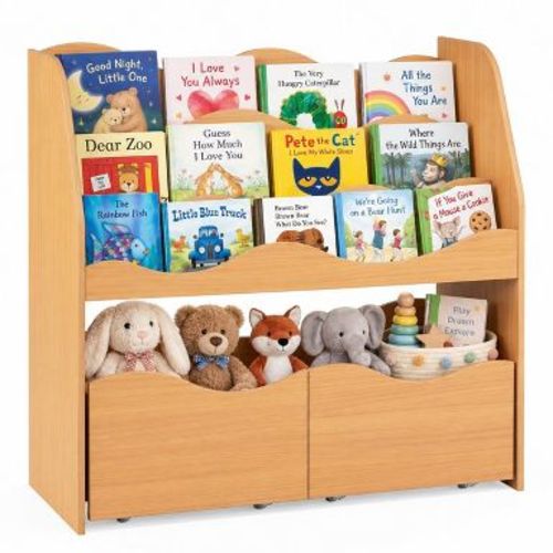 Kids Toy Storage Organizer with 2 Rolling Drawers and Bookshelf Natural