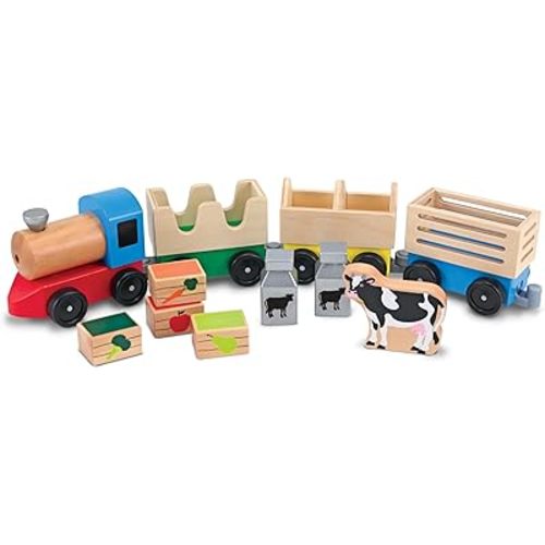 Melissa & Doug Wooden Farm Train Set - Classic Wooden Toy (3 Linking Cars)