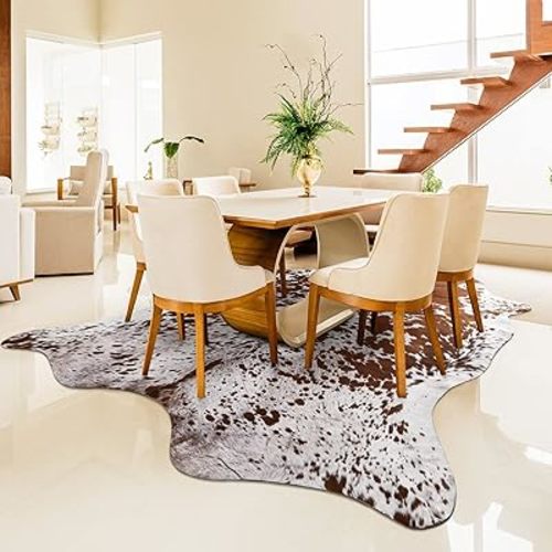 Easycozy Faux Cowhide Large Cow Print Rug - 5.2 x 6.3 Feet Thickened Elastic Rug for Bedroom, Living Room, Home Office, Western Decor