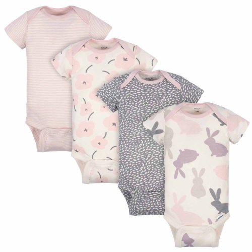 Gerber Baby Girl Bunny Short Sleeve Onesies Bodysuits, 4-Pack