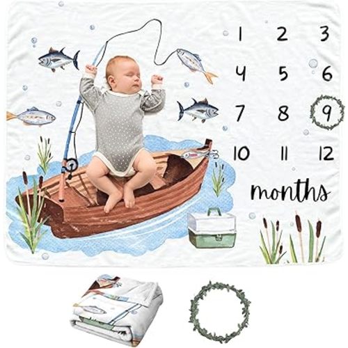 Fishing Baby Monthly Blanket for Boy & Girls, Newborn Month Blanket, Soft Flannel Photography Background Prop, Personalized Shower Gift, Fishing