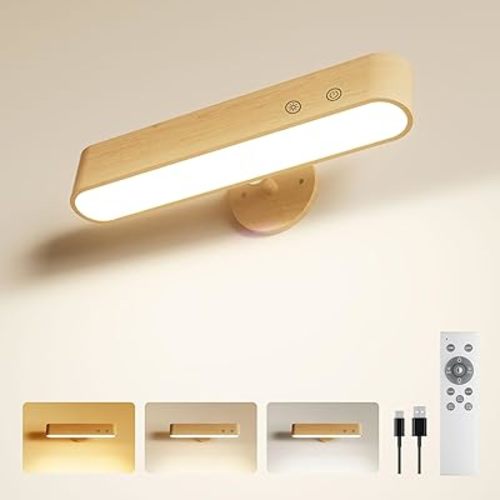 7500 mAh Rechargeable Wood Wall Sconce for Bedroom, LED Wall Light with Remote Control and Touch, 360° Magnetic Rotation, 3 Colours, Dimmable Wooden LED Wall Lamp with 15 RGB Colors,1 Pack