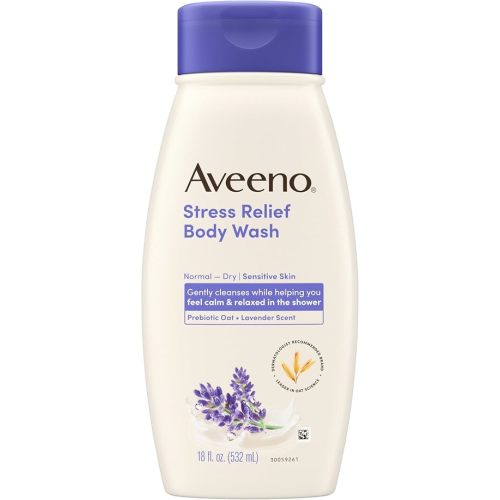 Aveeno Stress Relief Body Wash with Nourishing Oat & Lavender Scent for Sensitive Skin, Gently Cleanses & Helps You Feel Calm & Relaxed in the Shower, Soap-Free, 18 fl. oz