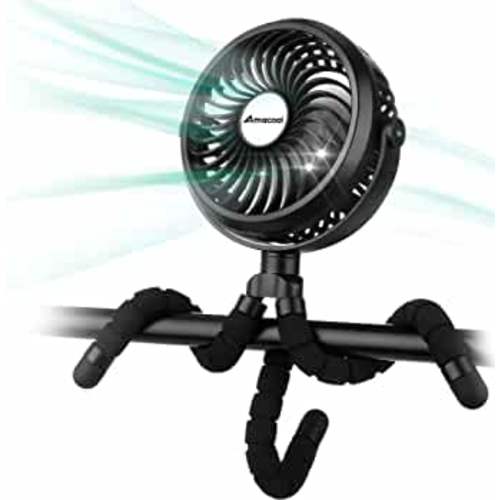 AMACOOL Battery Operated Stroller Fan Flexible Tripod Clip On Fan with 3 Speeds and Rotatable Handheld Personal Fan for Car Seat Crib Bike Treadmill (Black)
