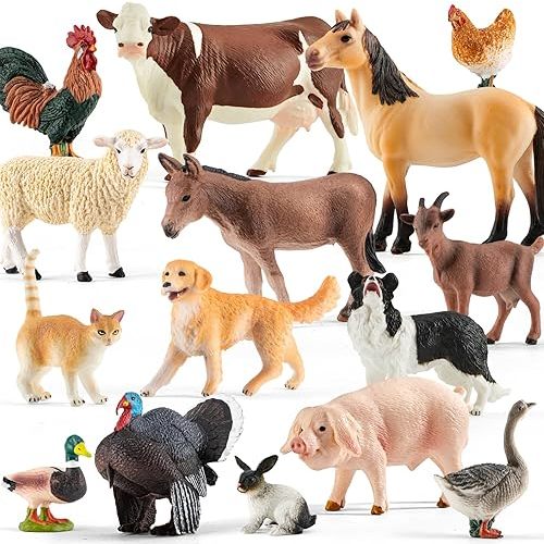 15 Pcs Farm Animal Toy for Toddler Kid, Plastic Toy Farm Animal Figure Set Playset Including Cow Horse Goat Sheep Pig Donkey Goose Duck Turkey Chicken Dog Cat Rabbit for Kid Age 3-5 5-7
