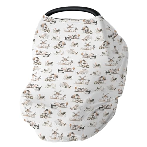 Boho Farm Animals Car Seat Cover for Babies Lamb Cow Chicken Duck Tractor Tree Stretchy 5-in-1 Cover Adjustable Car Canopy Cover Spring Farm Life Nursery Breathable Nursing Cover-Up