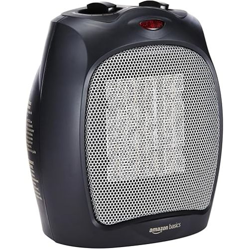 Amazon Basics Ceramic Space Heater, Portable Indoor Heating Solution, With Overheat and Tip-Over Protection, Thermostat, Non-Oscillating, 1500W, 7.52"D x 6.34"W x 9.45"H, Black