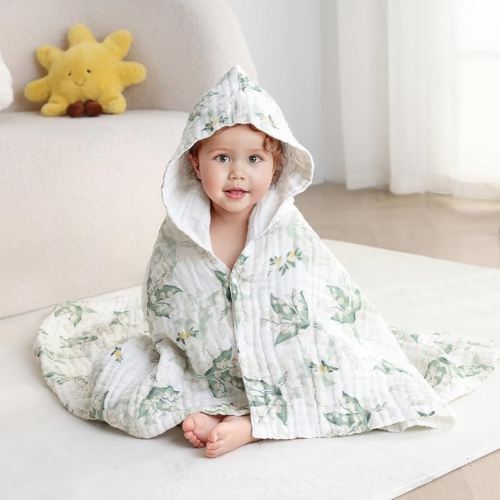 Baby Beach Towel, Muslin Baby Hooded Towel, Ultra Soft and Highly Absorbent Toddler Bath Towel, 100% Muslin Cotton Bath Wrap for Babies - Large Newborn Essential 43 x 43 Inch (Flower)