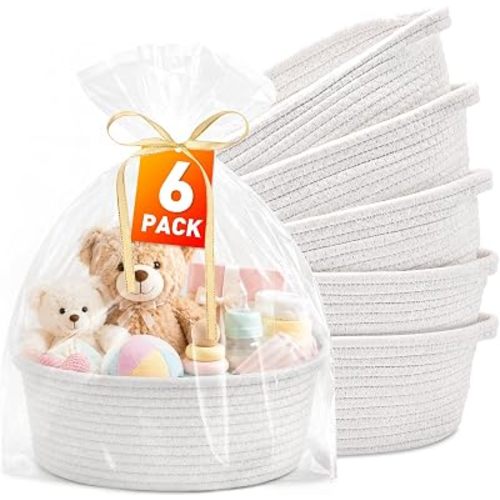 Small Woven Gift Baskets, 6 Pack White Rope Baskets with Gift Bags