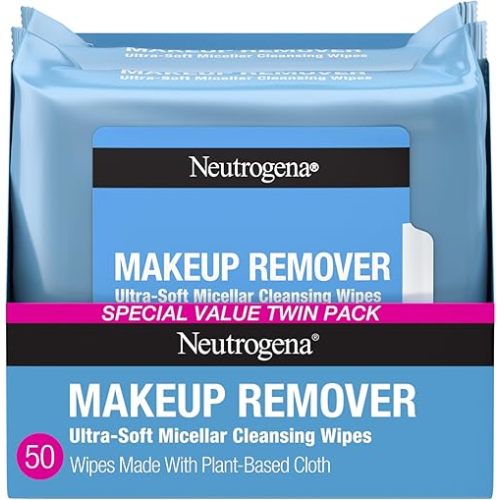 Neutrogena Makeup Remover Wipes Micellar Alcohol-Free Face Towelettes Remove Waterproof Mascara & Oil, Compostable 100% Plant-Based Cloth, Dermatologist & Ophthalmologist Tested, Twin Pack 2 x 25 ct