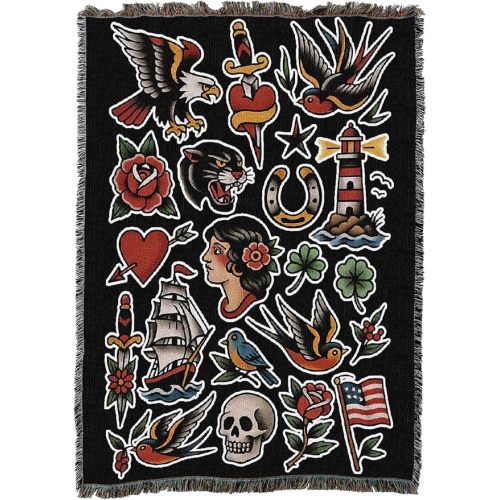 Pure Country Weavers American Traditional Flash - Tattoo Design - Tapestry Throw Blanket Woven from Cotton - Made in The USA (50x60)