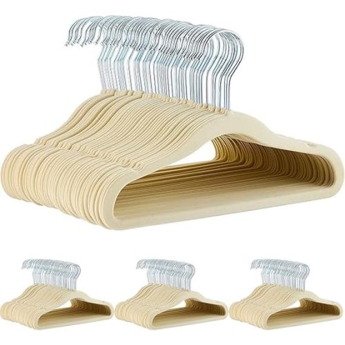 Amazon Basics Kids Space Saving Velvet Non-Slip Clothes Hangers with Shoulder Notches for Infant and Toddler, 11.6", Beige, 50-Pack