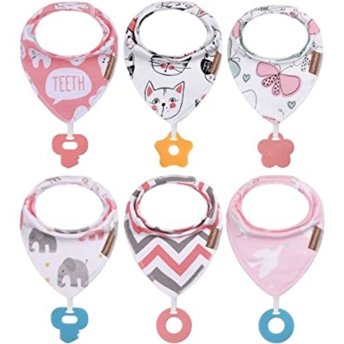 Baby Bandana Drool Bibs 6-Pack and Teething Toys 6-Pack Made with 100% Organic Cotton, Absorbent and Soft Unisex