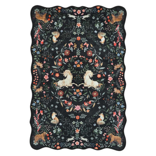 Elysia Washable Maximalist Unicorn Garden Scalloped Black Rug 5x7