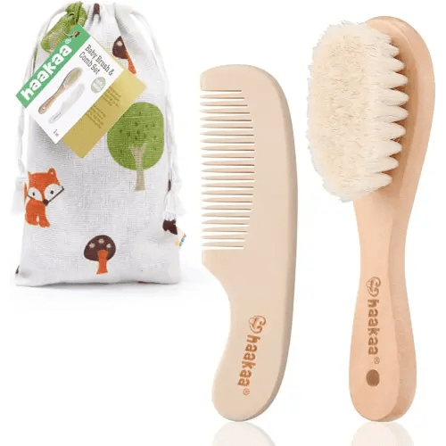 haakaa Baby Hair Brush and Comb Set for Newborns & Toddlers - Natural Soft Goat Bristles and Wooden Handle, Gently Grooms Baby's Hair, Ideal for Cradle Cap, Perfect Baby Gift, 2pk