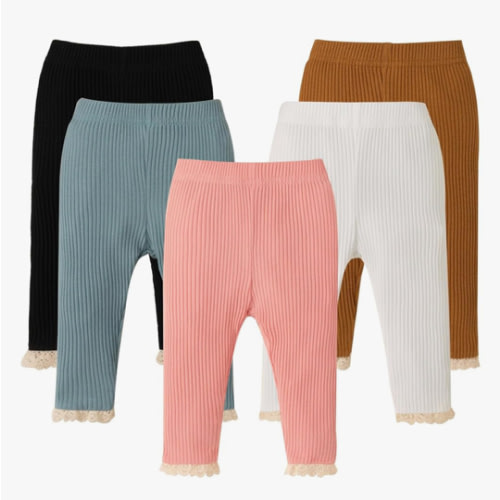 DREAM BUS 5 Pack Baby Girl Pants Toddler Girl Solid Ribbed Pants with Lace Trim Newborn Cotton Leggings Infant Jogger Pants