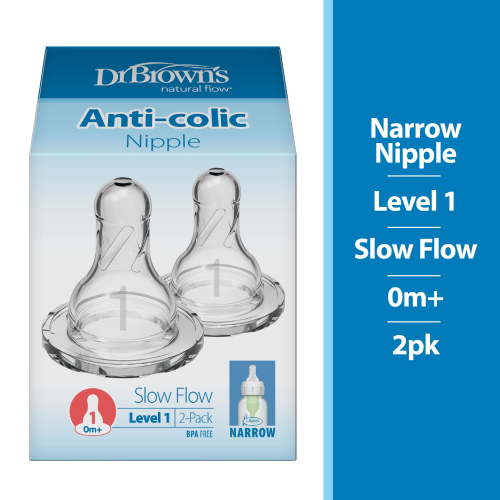 Dr. Brown's Natural Flow Level 1 Narrow Baby Bottle Silicone Nipple, Slow Flow, 0m+, 100% Silicone Bottle Nipple, 2-Pack