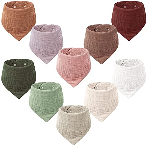 Konssy Muslin Baby Bibs 10 Pack Baby Bandana Drool Bibs 100% Cotton for Unisex Boys and Girls, Soft Absorbent Set for Teething and Drooling
