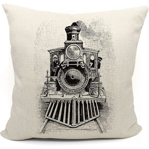 Train Decor Pillow Covers 18x18, Themed Room Decor, Gifts for Train Lovers, White Linen Cushion Cover