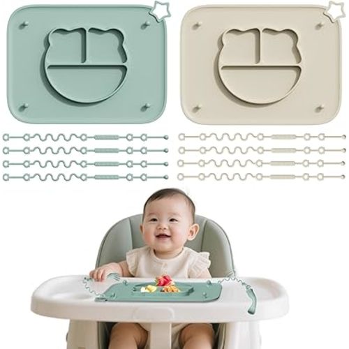 2 Pack Silicone Baby Placemats with Non-Slip Strong Suction Base and Anti-Drop 8 Stretchable Straps, BPA Free Food Grade Silicone Table Mats for Babies Toddlers, High Chair, Dining Tables, Begie+Green
