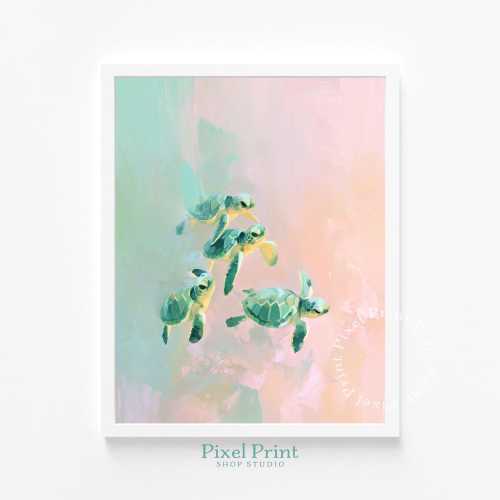 Coastal Nursery Print of Three Baby Sea Turtles - Cute Marine Life, Modern Minimalist Beach Decor, Pastel Watercolor Art, Printable Download
