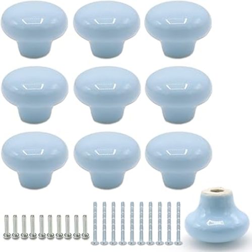 10Pack Ceramic Cabinet Knobs, 1.26Inch/32mm Sky Blue Round Drawer Dresser Knob Pulls Handle with Screws, for Kitchen Cupboards, Wardrobes, Children's Rooms, Bedroom Furniture & Office Desks