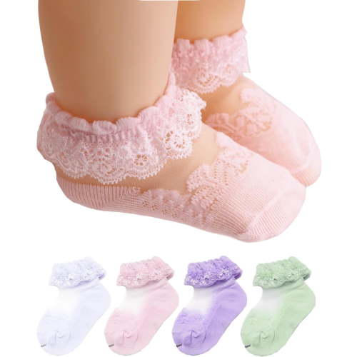 CAILDANL Newborn Baby Girls Lace Socks for Infant Ruffle Eyelet Princess, Cotton, 4 Pack