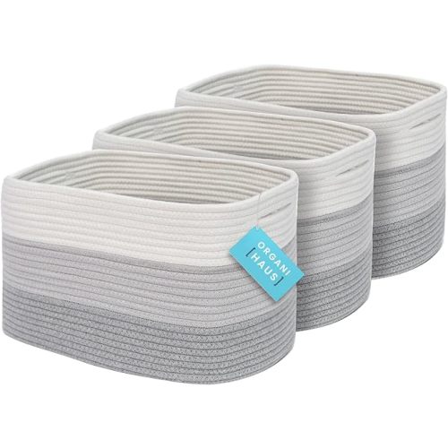 3-Toned Gray Cotton Rope Baskets for Shelves, Set of 3-15"×10"×9½" - Woven Storage Baskets for Organizing - Closet, Nursery, Bedroom, Playroom - Toys, Books, Towels, Clothes