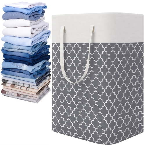 Collapsible Waterproof Laundry Hamper with Long Handles, Bexikou Tall Durable Gray Cloth Storage Basket for Bedroom Bathroom Dorm, Clothes, Toys, Blankets and Sports Gear