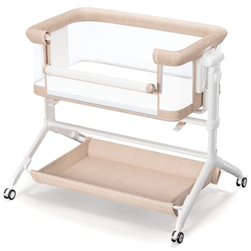 COMOMY Baby Bassinet Bedside Sleeper, 3 in 1 Rocking Bassinet Bedside Crib | with Mattress and Soft, Breathable Sheet, Full-Mesh Sides, 6-Height Adjustable, Easy Folding Portable Crib for Newborn