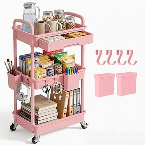 3 Tier Rolling Utility Cart with Drawer, Plastic Storage Organizer Rolling Carts with Wheels Handles Hanging Cups Hooks for Office, Bathroom, Kitchen,Craft Art Room (Pink)