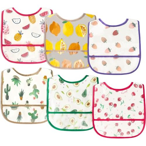 6Pcs Baby Bibs for Eating Toddler Feeding Bibs with Crumb Catcher Pocket Fruit Adjustable Sleeveless Teething Plastic Food Bib Set Waterproof Infant Keepsake Gift for Baby Shower, 6-24 Months