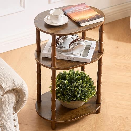 Side Table, 3-Tier Oval Accent Small End Table, Modern Oval Nightstand Accent Table for Small Space, Bedrooms, Living Room, Easy to Assemble, Rustic Brown