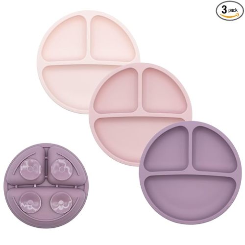 WeeSprout Suction Plates for Babies & Toddlers - 100% Silicone, Dinnerware Stays Put, Divided Design for Picky Eaters, Microwave & Dishwasher Friendly, 3 Pack (Matte Pink, Purple & Blush Pink)