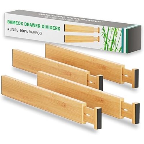 BAMEOS Drawer Dividers kitchen Organization Bamboo Utensil Organizers for Kitchen Bedroom Bathroom Dresser Office 4-pack