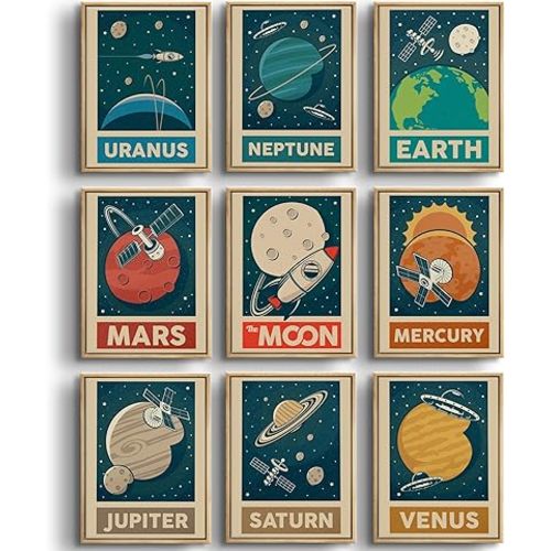 9pcs Retro Solar System Wall Art Nursery Space Pictures Retrospace Galaxy Wall Decor Outer Space Paintings Prints Sci-Fi Planet Posters for Boys Girls Kids Bedroom Living 12x16in Unframed