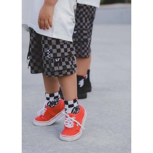 Grey Checkered Cargo Shorts For Boys