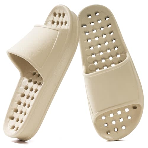GETOEU Shower Shoes for Women and Men with Drain Holes Massage Slide Sandals Soft Cushioned Anti-Slip Pool Slides Comfort Thick Soled Gym Shower Shoes Quick Drying Bathroom Spa Slippers