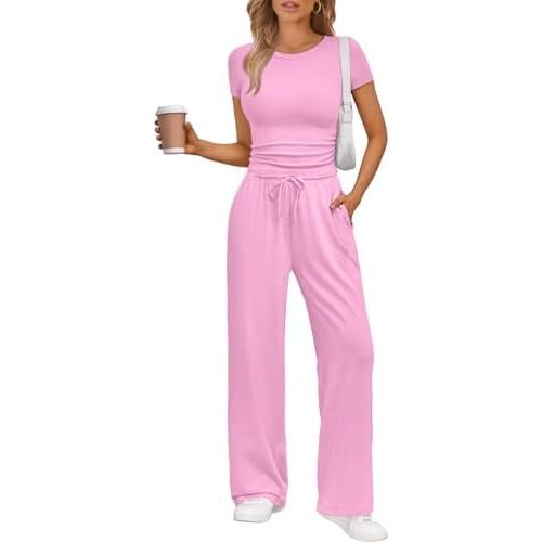 Trendy Queen 2 Piece Matching Summer Sweatsuit Lounge Set Womens Wide Leg Pants Side Ruching Crop Top Sets