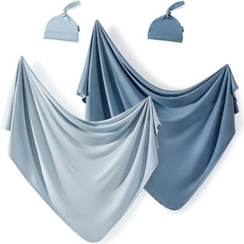 GRSSDER 2 Set Newborn Swaddle Blanket with Beanie(4 pcs), Ultra Soft Stretchy Jersey Knit Extra Large Size 33 x 44 Receiving Blankets for Easy Swaddling Baby Snug and Cozy
