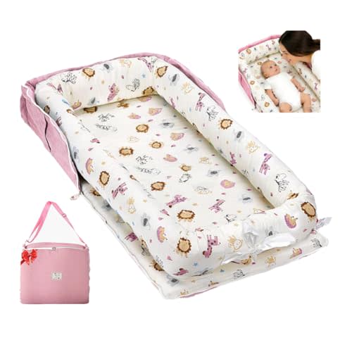 Baby Lounger for Tummy Time Portable,Baby Play mat with Strap,Newborn Lounger Inner Zipper for Boys Girls 0-24 Months,Animal World Pink