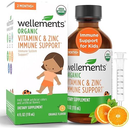 Wellements Organic Kids Immune Support* Syrup with Vitamin C & Zinc 2 Months+ (4 Fl Oz) | Immune Support* for Kids & Toddlers, Orange Flavor | Free from Dyes, Parabens & Top 9 Most Common Allergens