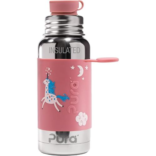 Pura Sport 16oz/473ml Insulated Bottle w/Sleeve & Silicone Big Mouth Top - Stainless Steel, Warm & Cold, Leak-Proof & Spill-Proof for Kids, Toddlers, Preschoolers - Unicorn