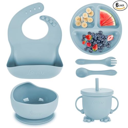 Silicone Feeding Set - Baby Led Weaning Supplies with Plate, Bowl, Bib, Spoon, Fork, Sippy Cup - BPA Free
