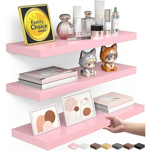 BAYKA Pink Floating Shelves for Wall Set of 3, 15.7in Wood Wall Shelves for Bathroom, Bedroom, Living Room Decor Organize, Hanging Shelf for Books/Storage/Display with 22lbs Capacity