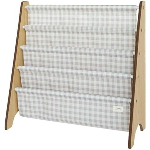 3 Sprouts Kids Bookshelf, 4-Tier Rack, Holds 35 Books, Gingham Beige